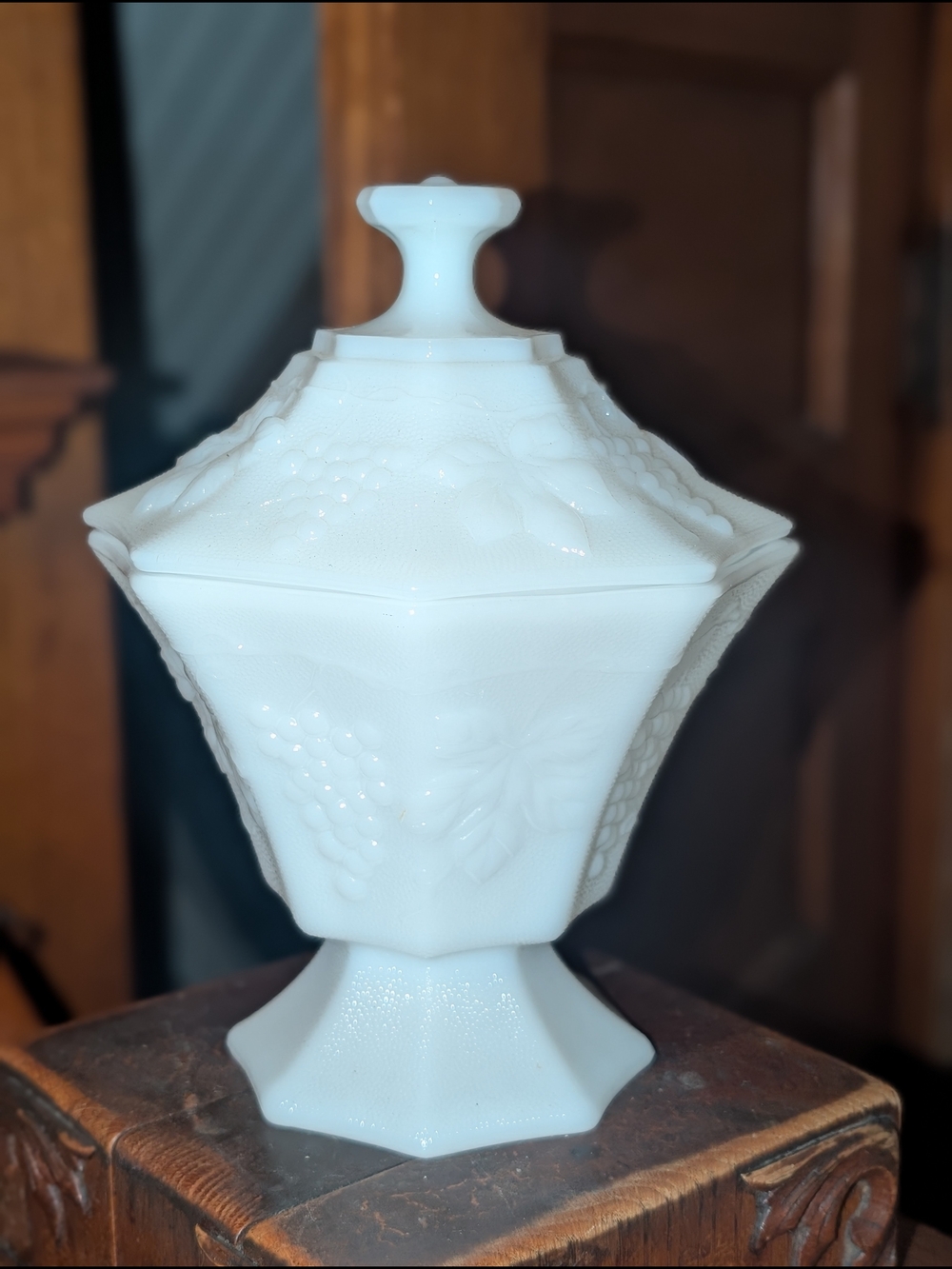 Vintage Anchor Hocking Milk Glass Pedestal Candy Dish with Lid - Harvest Grape